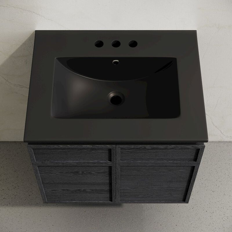 24" Wall-Mounted Bathroom Vanity in Black Oak, Black 3-Hole Centerset Sink Top image number 2