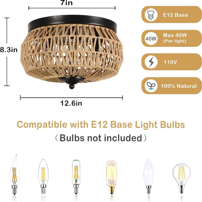 ELEMENT ACE 3-Light Hand-Woven Rattan Flush Mount Ceiling Light Fixture with Hollow Cage Shade Perfect for Bedroom, Kitchen, Foyer, Porch, Living Room and Entry Hall image number 2
