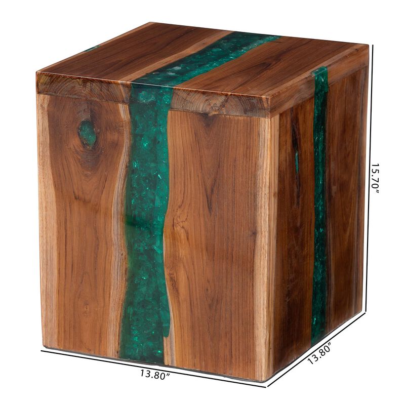 bali & pari Anan Teak Wood Epoxy Resin End Table - Live Edge Cube Side Table, Handcrafted Modern Rustic Accent Table for Living Room or Bedroom, Cube