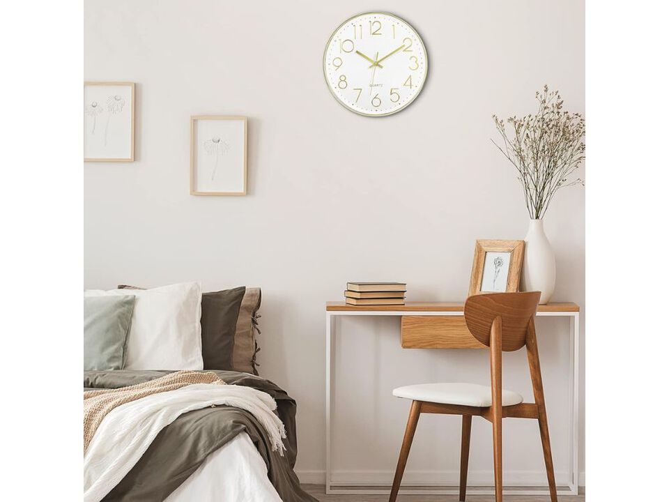 12 Inch Gold Wall Clock Silent Non-Ticking Battery Operated Round Modern for Living Room Bedroom Kitchen Office Decor