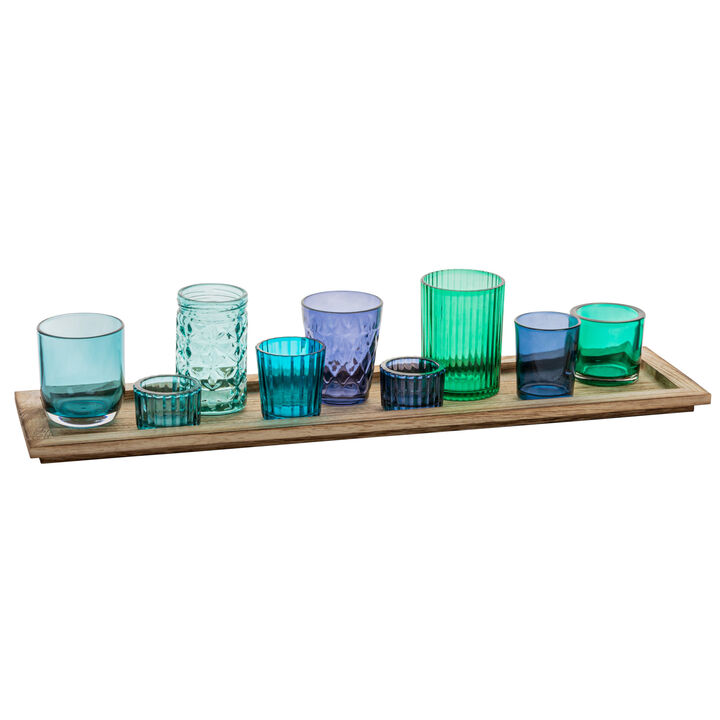 9-Piece Blue and Green Glass Votive Holders on Wood Tray, Multicolor