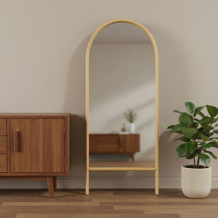 HomeRoots 71" Natural Solid Wood Arch Freestanding Framed Full Length Mirror