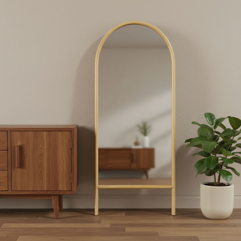 HomeRoots 71" Natural Solid Wood Arch Freestanding Framed Full Length Mirror image number 1