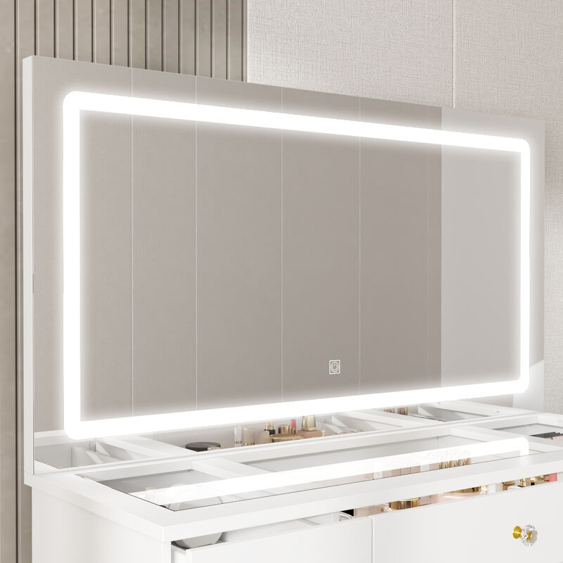 FUFU&GAGA Large Mirror Vanity Dresser with 9 Drawers & LED Lighting, Tempered Glass Top, Open Shelf, and Crystal Knobs, Modern White Finish (43.3 in.  W x 15 in.  D x 55 in.  H),White