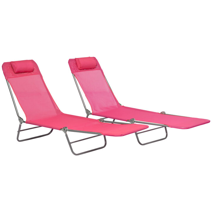 Outsunny Folding Chaise Lounge Pool Chairs, Outdoor Sun Tanning Chairs with Pillow, Reclining Back, Steel Frame & Breathable Mesh for Beach, Yard, Patio, Pink
