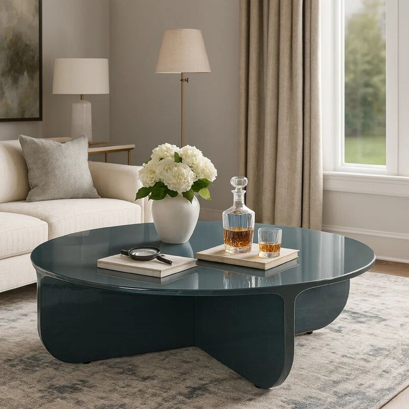 Lemy Coffee Table. 39 Inch Round Top with Pedestal Base, Teal Blue Wood image number 6