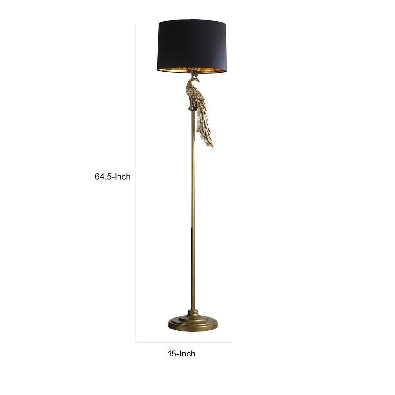 65 Inch Floor Lamp, Peacock, Linen Drum Shade, Pedestal Branch, Gold Finish - Benzara