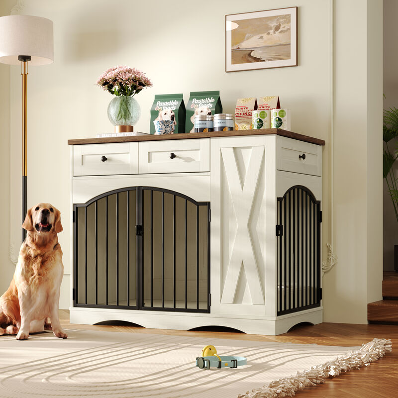 Whisen 43.3" Indoor Wooden Cabinets, Dog Kennel with 3 Drawers and Removable Feeder image number 2