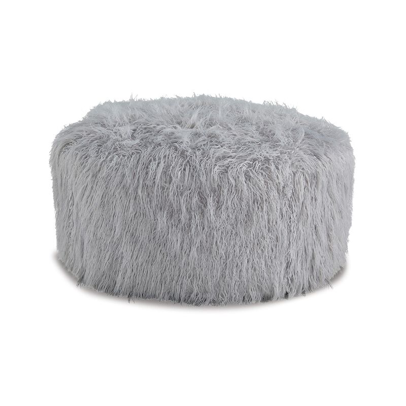 Lacey Oversized Accent Ottoman, Light Gray Faux Fur, Soft Cushion, 39 Inch - Benzara