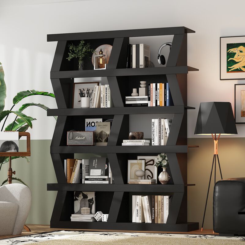 FUFU&GAGA Modern 5-Tier Zigzag Bookcase with Open Shelves (63.8&rdquo; H x 51.2&rdquo; W x 12.2&rdquo; D),Black
