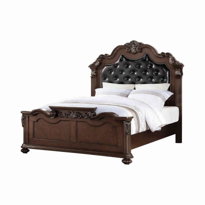 Ornated Carved & Upholstered Black PU Tufted Wooden E.King Bed Dark Walnut - Benzara