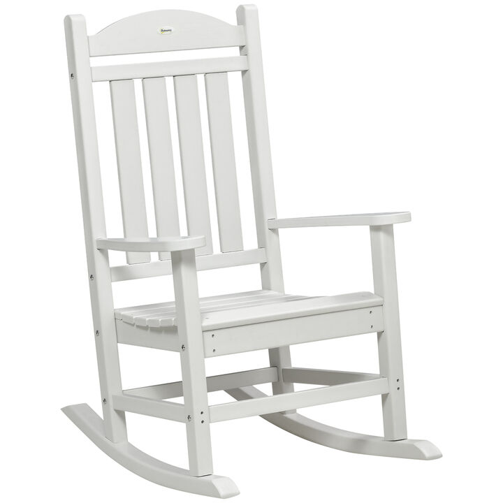 Outsunny Outdoor Rocking Chair, All Weather-Resistant HDPE Rocking Patio Chairs with Rustic High Back, Armrests, Oversized Seat and Slatted Backrest, 350lbs Weight Capacity, Light Gray