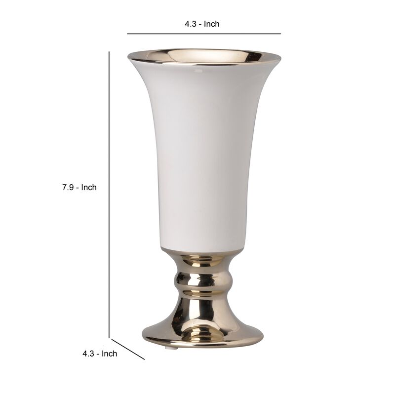 Ceramic Vase with Flared Top and Pedestal Base, Medium, White and Gold - Benzara