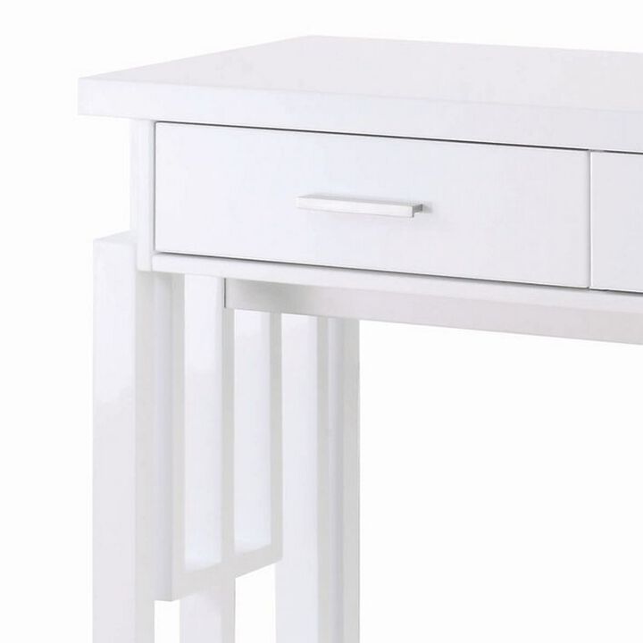 Contemporary Wooden Sofa Table With Designer Sides & Shelf, Glossy White-Benzara
