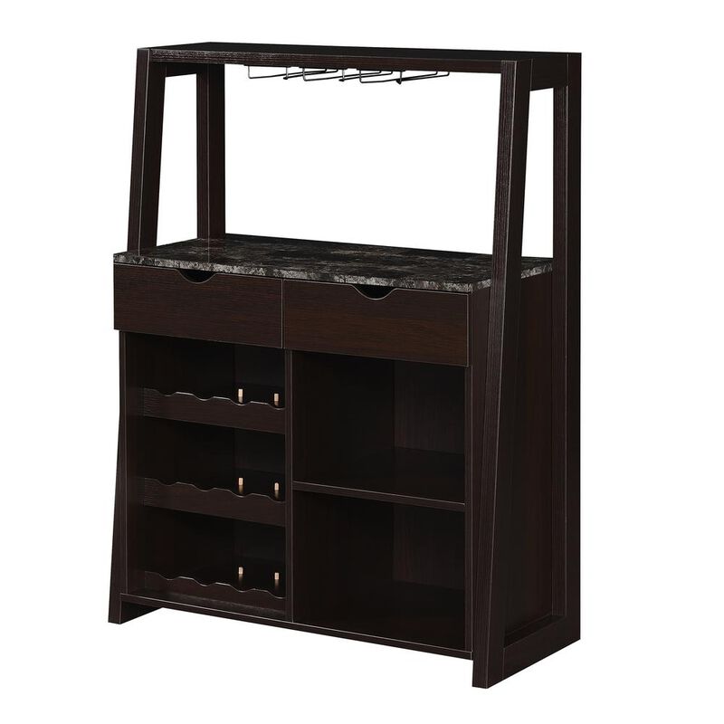 Convenience Concepts Uptown Wine Bar With Cabinet, Faux Black Marble/Espresso