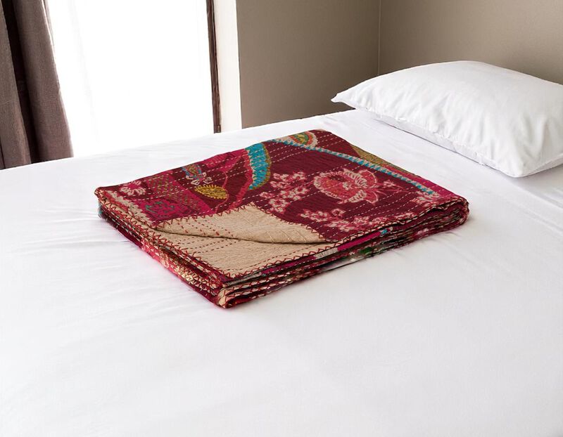 HomeRoots 50" X 70" Red Floral Cotton Quilted Kantha Throw Blanket with Embroidery image number 1
