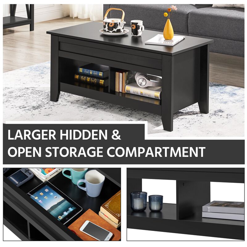 Yaheetech Black Wood Coffee Table Lift Up Coffee Table w/Hidden Storage & 2 Open Shelves for Living Room Reception Room Office,