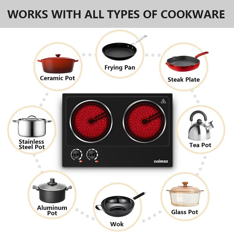 Cusimax 1800W Infrared Ceramic Electric Hot Plate for Cooking, Portable Countertop Burner Glass Heating Plate with 2 Knob Control image number 3
