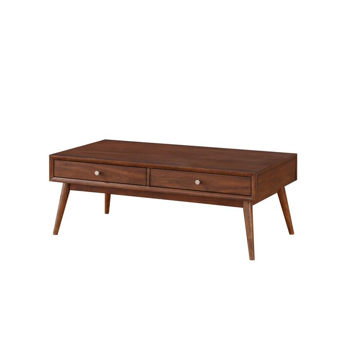 2 Drawer Wooden Coffee Table with Splayed Legs, Walnut Brown-Benzara