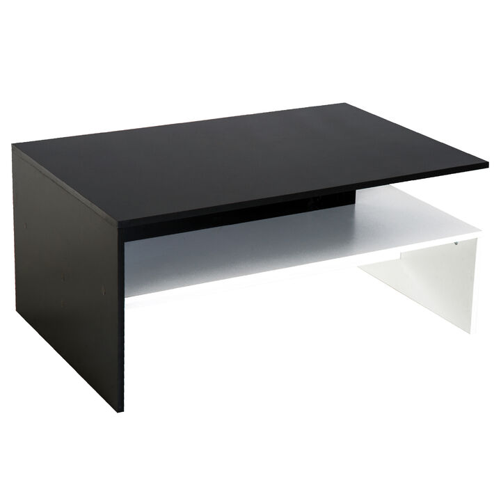Two-Tone Color Geometric Shape Sofa End Table with Storage Shelving, Black/White