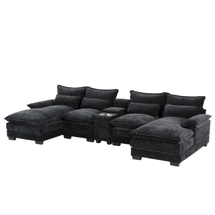 Merax U-Shaped Chenille Sectional Sofa with Double Chaise, Central Storage Console