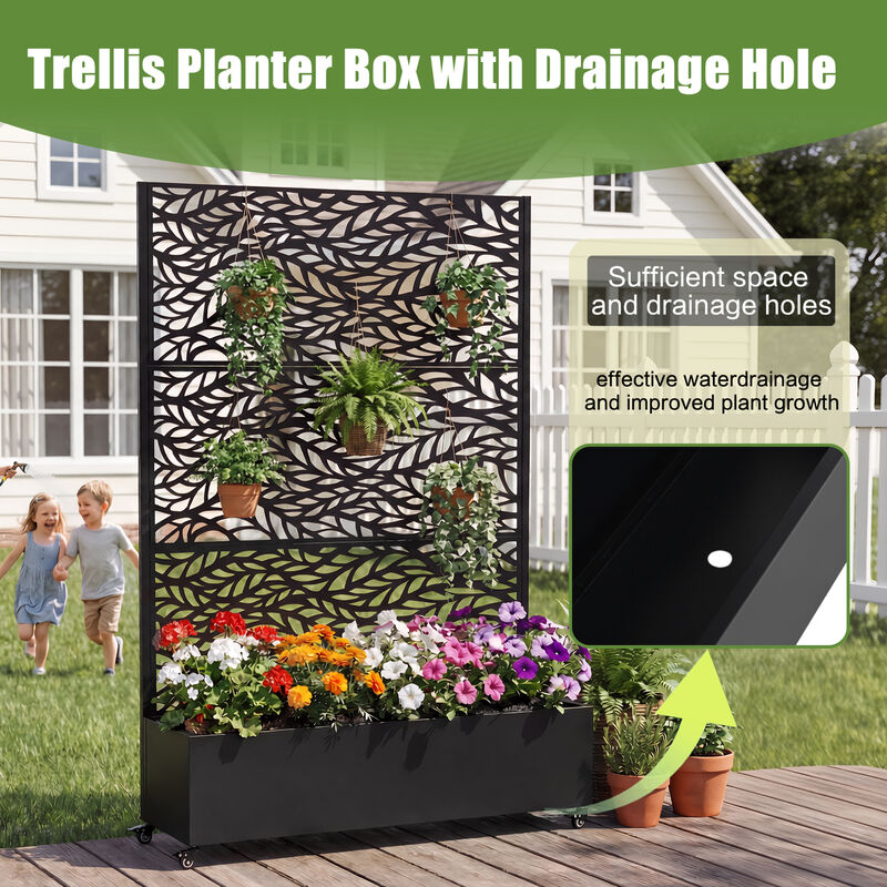 WOW PIONEER Galvanized Metal Raised Garden Bed with Locking Wheels, Trellis and Privacy Screen, Outdoor Planter Box for Climbing Plants Vegetables Vines with Drainage Holes image number 4