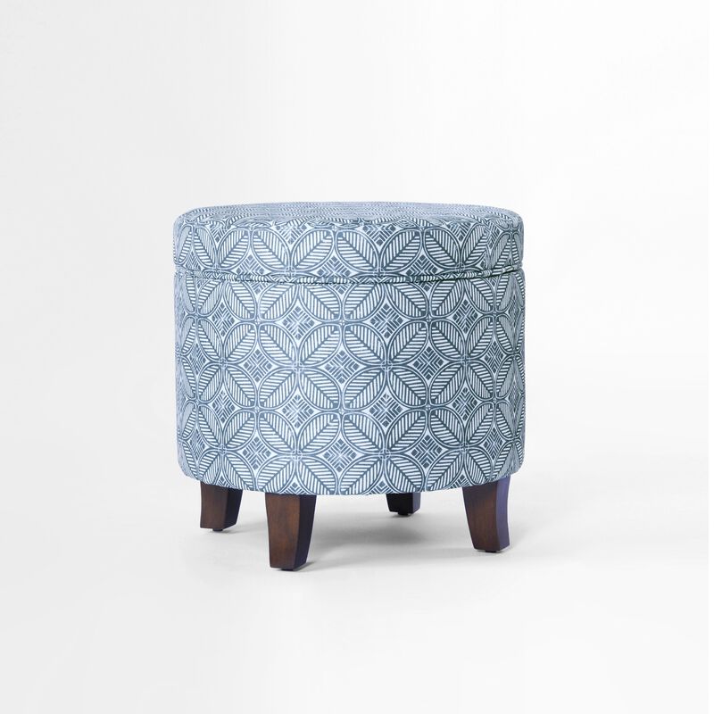Loni Round Storage Ottoman, 19 Inch Indigo Blue Pattern, Walnut Brown image number 0