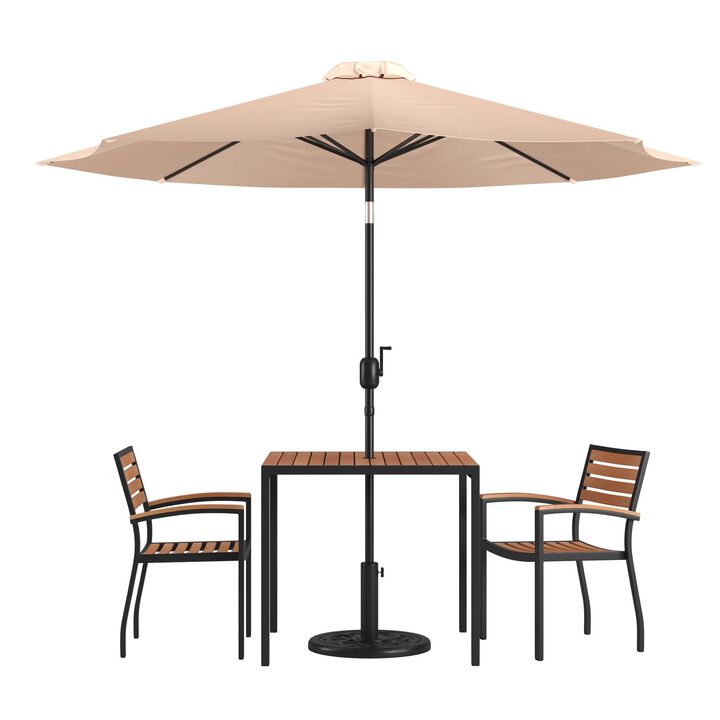 Flash Furniture 5 Piece Outdoor Patio Dining Table Set - 2 Synthetic Teak Stackable Chairs with Arms - 35" Square Table - Tan Umbrella with Base