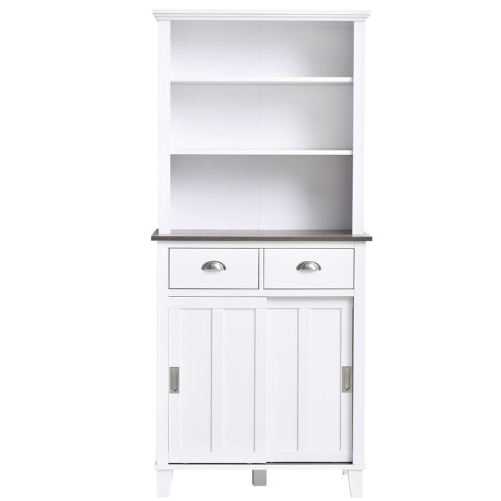 HOMCOM 67" Freestanding Buffet with Hutch, Kitchen Pantry Storage Cabinet with Sliding Doors, Drawers and Open Shelves, Adjustable Shelving, White
