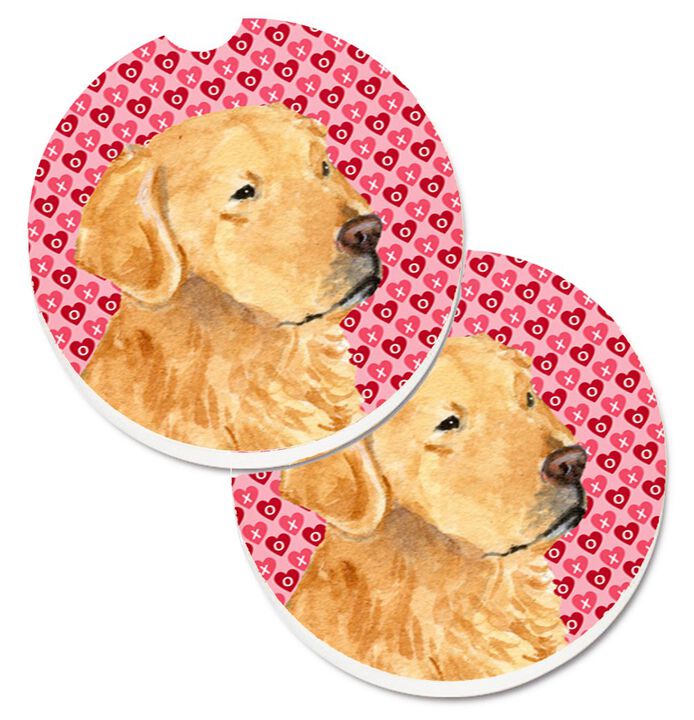 Caroline's Treasures Golden Retriever Hearts Love Valentine's Day Set of 2 Cup Holder Car Coasters SS4476CARC, 2.56, Multicolor