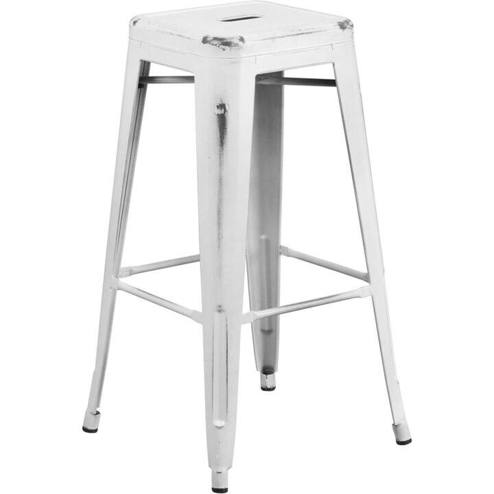 Flash Furniture Kai Commercial Grade 30" High Backless Distressed White Metal Indoor-Outdoor Barstool