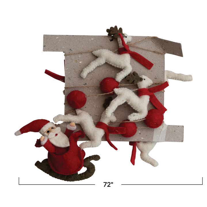 Handmade Wool Felt Santa in Sleigh and Reindeer Garland with Pom Poms and Jute Cord, Cream, Red and Brown