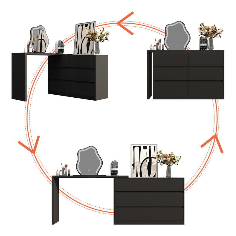 6-Drawer L-Shaped Dresser in Black with Rotatable Desk 47.2 in. W x 51.2 in. D x 32.7 in. H