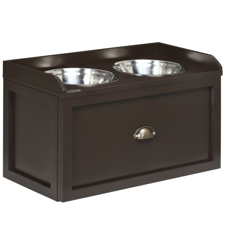 Large Elevated Dog Bowls with Storage Drawer Containing 21L Capacity, Raised Raised Pet Feeding Station with 2 Stainless Steel Bowls, Brown