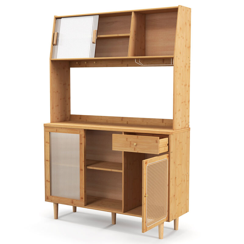 Wine Bar Kitchen Cabinet with Sliding Tempered Glass and Rattan Door