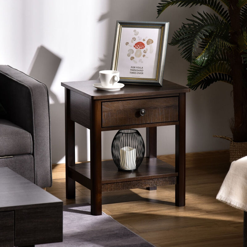 Dark Brown Nightstand: Compact Bedside Table with Drawer and Shelves