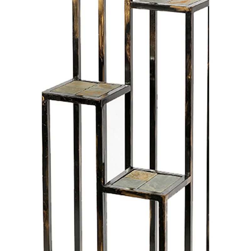 4 Tier Cast Iron Frame Plant Stand with Stone Topping, Black and Gold - Benzara