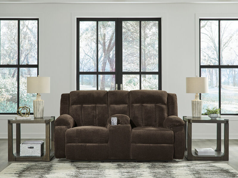 Greely Bend Power Reclining Loveseat with Console in Brown image number 1