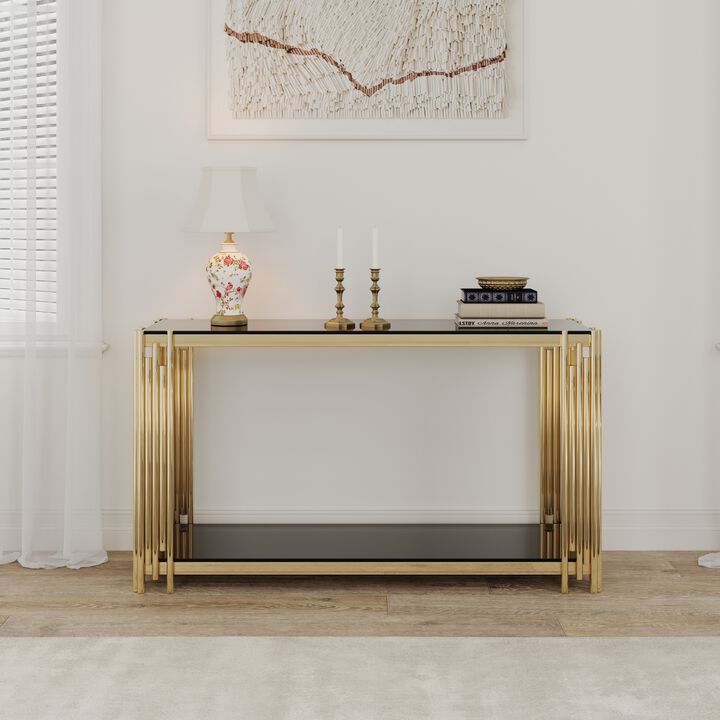 Modern Glass Console Table, 55" Gold Sofa Table with Sturdy Metal Frame and Black Tempered Glass Top, for Living Room Entryway Bedroom, Gold Finish