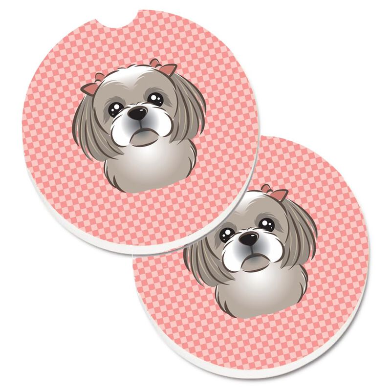 Caroline's Treasures Checkerboard Pink Gray Silver Shih Tzu Set of 2 Cup Holder Car Coasters BB1250CARC, 2.56, Multicolor