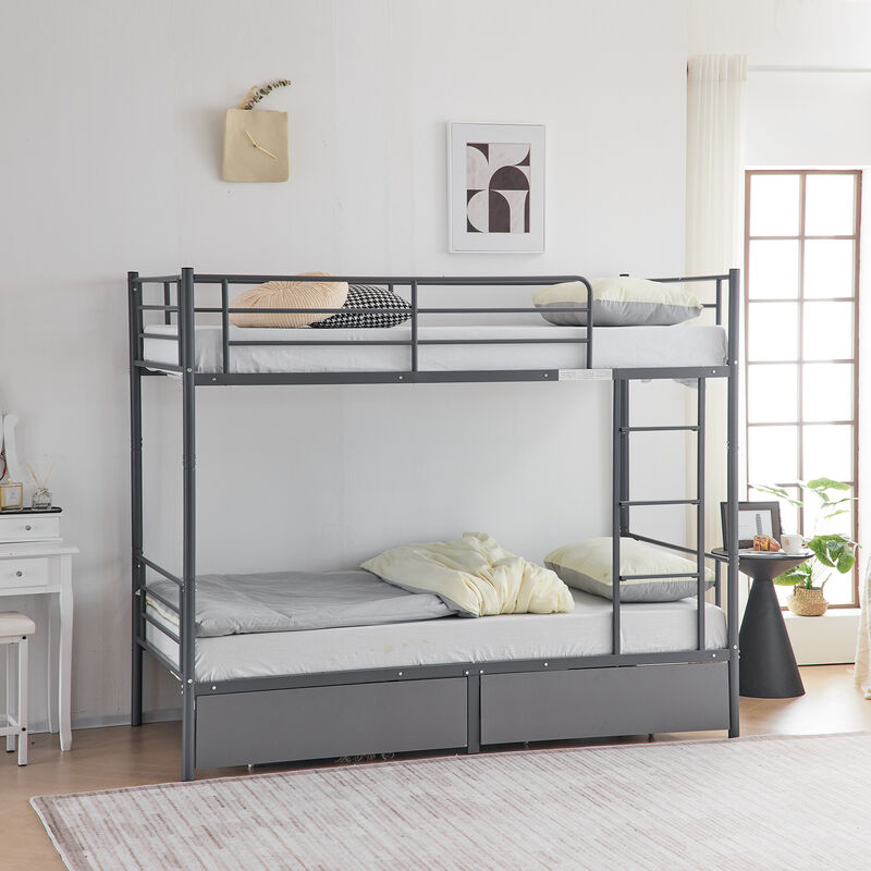 Space-Saving Convertible Bunk Bed with Metal Frame and Two Drawers