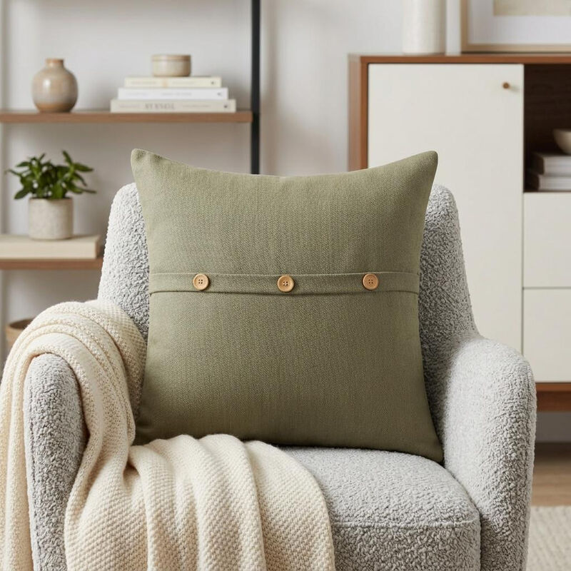 HomeRoots 20" Sage Green Cotton Throw Pillow With Buttons image number 1
