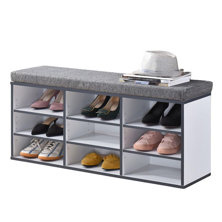 Kings Brand Furniture Shoe Storage Bench with Cushion, 9 Cubbies Shoe Organizer, Cubby Shoe Rack with Adjustable Shelves