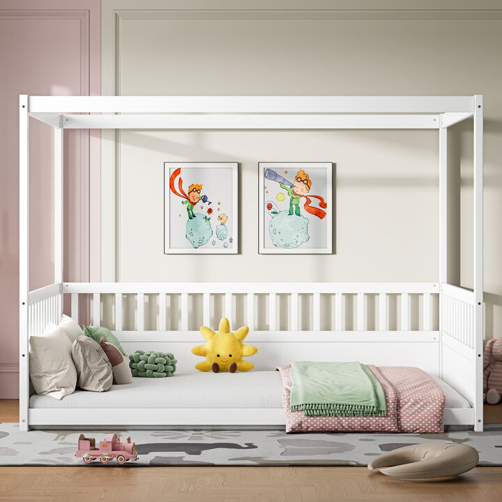 Merax Canopy Bed Frame with Guardrails for Kids,Floor Bed Twin with Four Poster Design,Kids Montessori Floor Bed
