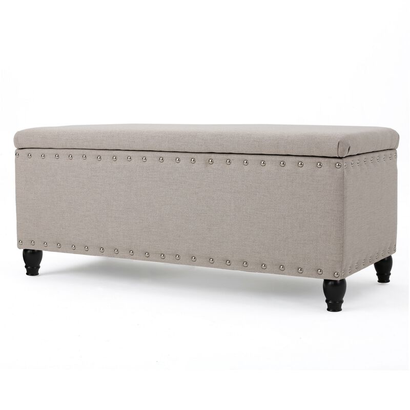 Sharon Storage Ottoman Bench, Beige Fabric, Nailhead Trim, 42 Inch - Benzara