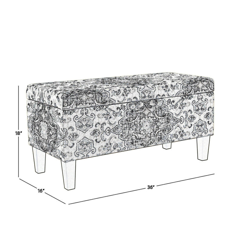 Medallion Print Fabric Upholstered Wooden Bench With Hinged Storage, Large, Blue and Cream image number 4