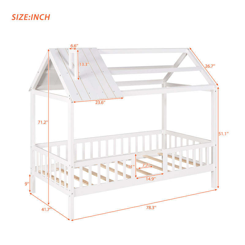 Whisen Twin Size Wood House Bed with Fence and Roof for Kids