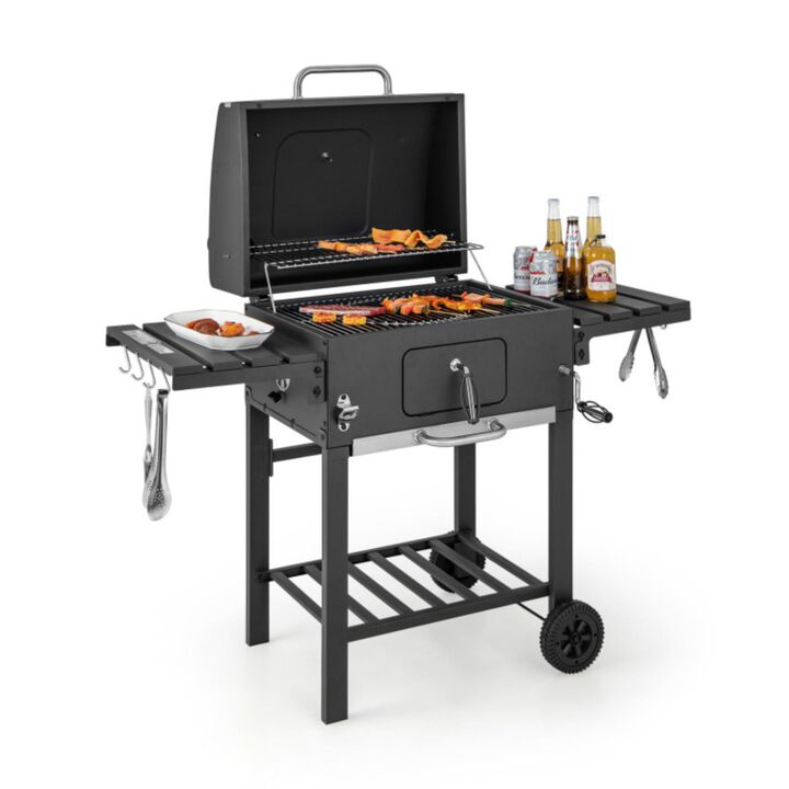 Hivvago Outdoor BBQ Charcoal Grill with 2 Foldable Side Table and Wheels