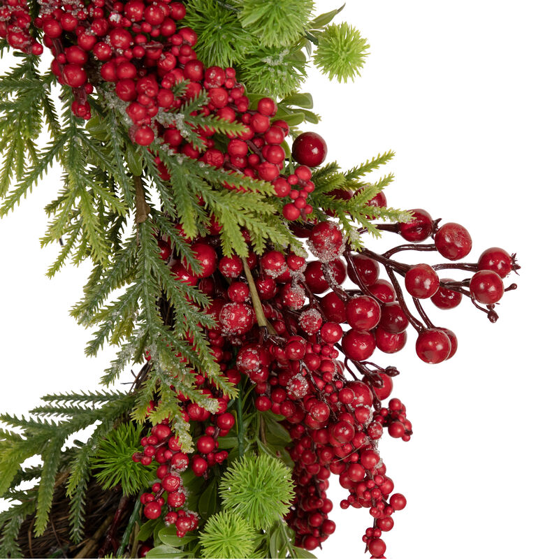 Red Berry and Frosted Pine Christmas Wreath  28-Inch  Unlit