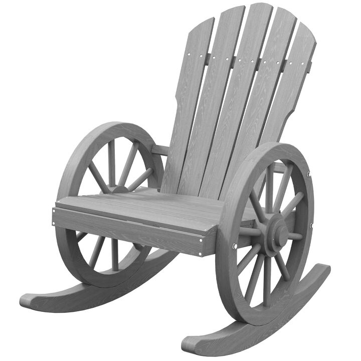 Outsunny Wooden Rocking Chair, Adirondack Rocker Chair w/ Slatted Design and Oversized Back, Outdoor Rocking Chair with Wagon Wheel Armrest for Porch, Poolside, and Garden, Gray